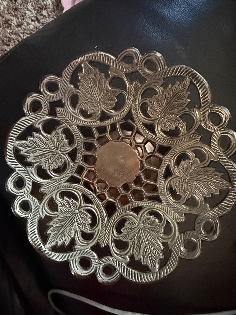 Decorative Metal Trivet with Leaf Motif - Gold silverTone